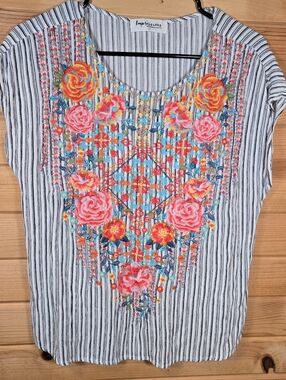 Impressions Striped Tunic with Pink & Turquoise Floral Embroidery Womens Large